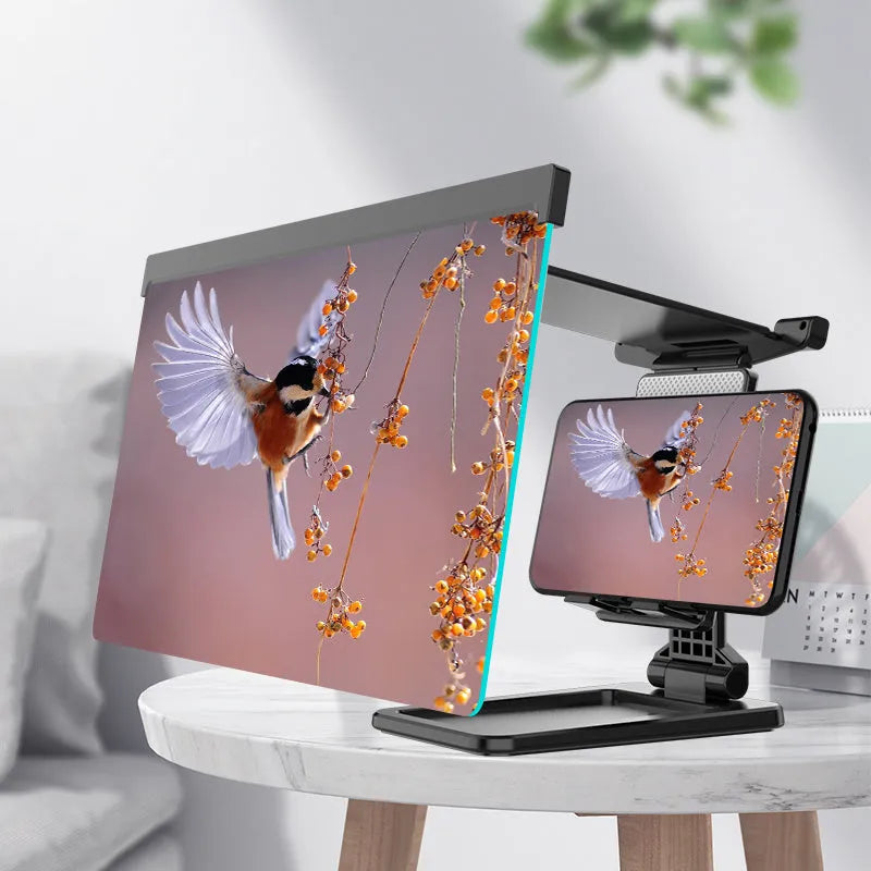 Black 12-inch curved mobile phone screen amplifier with separate folding phone holder on desktop