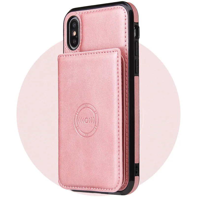 Imitation leather card wallet phone back cover for iPhone in black, blue, brown, orange, pink, and red.