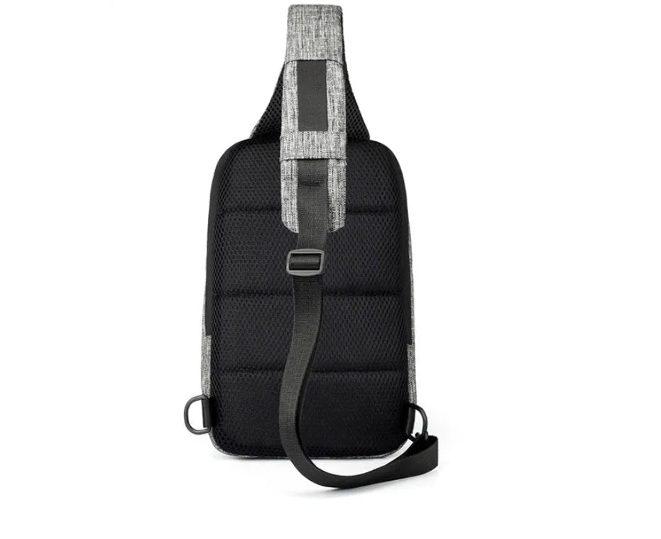 Small dark blue Oxford cloth chest bag with a zipper, shown with dimensions 18cm wide by 31cm high.