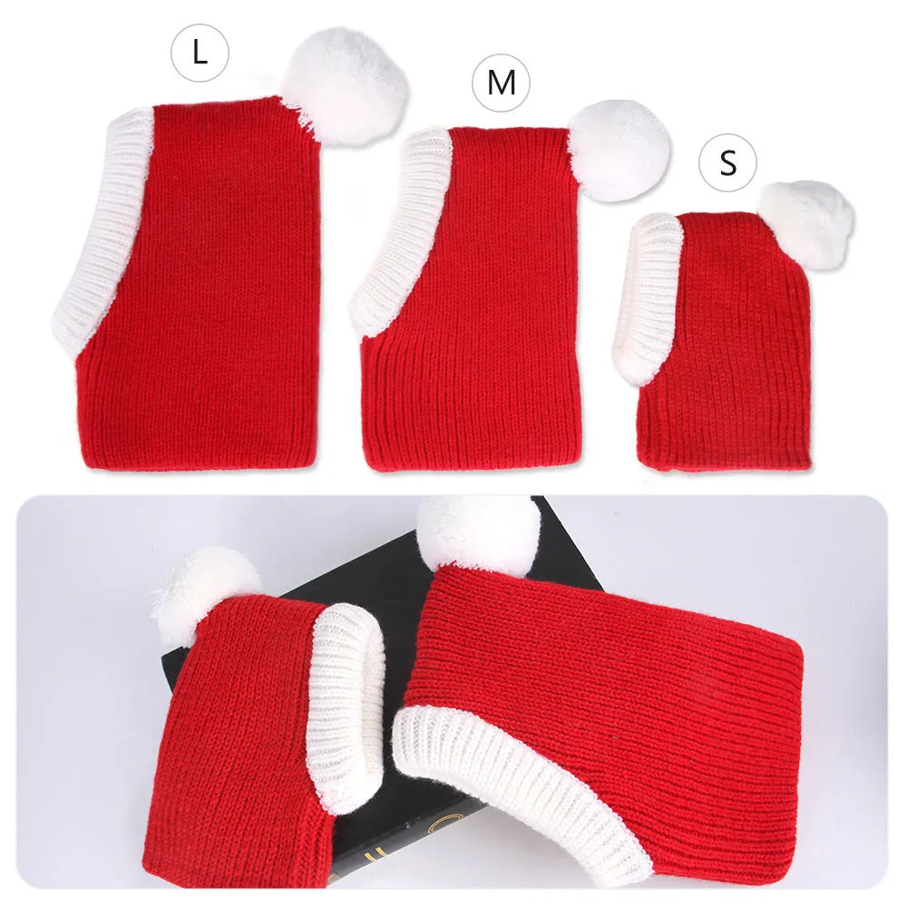 Red wool dog headgear with tie-dye pattern for Halloween and Christmas, available in sizes S, M, and L.