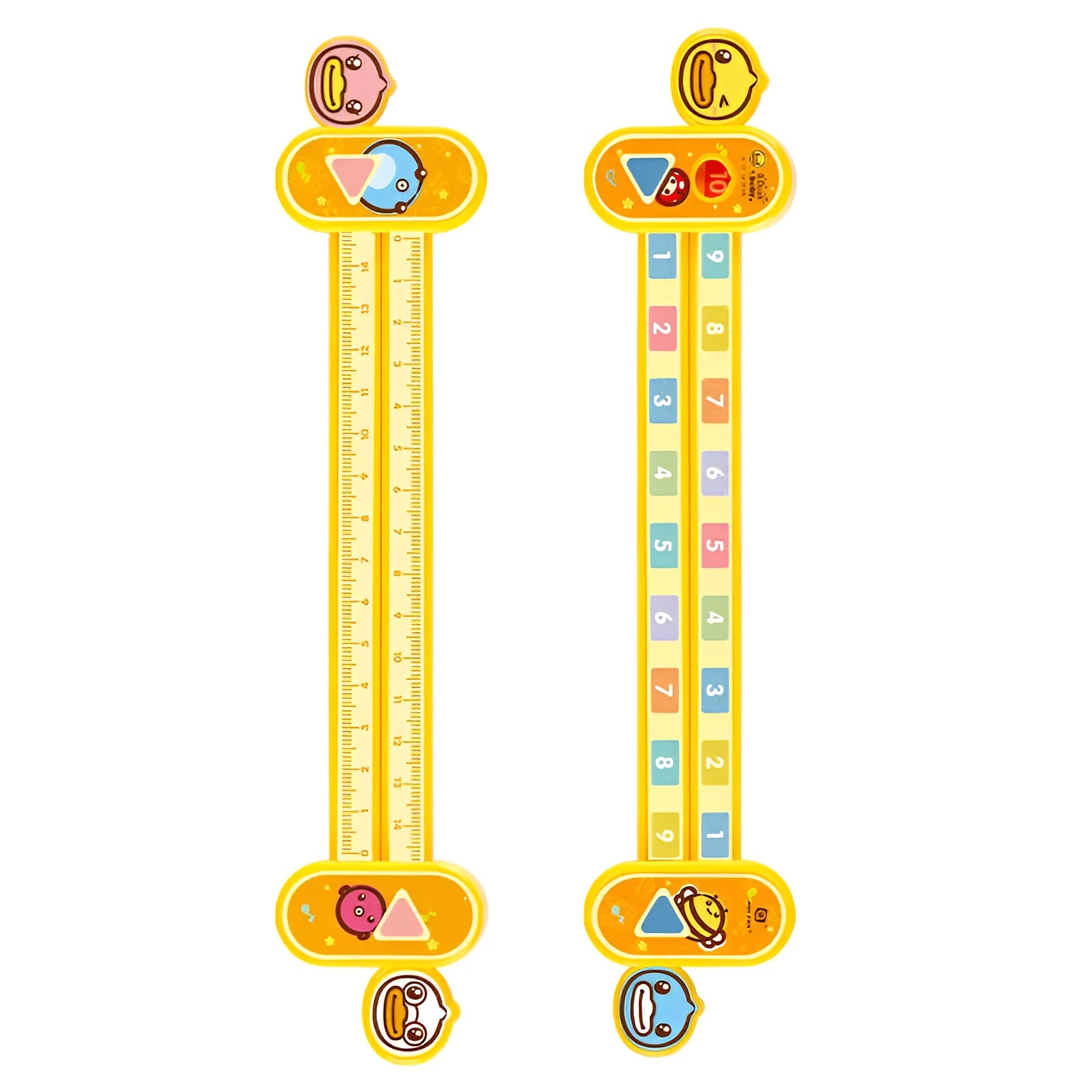 A yellow plastic children's cartoon digital decomposition ruler showing measurements up to 24.5 cm.