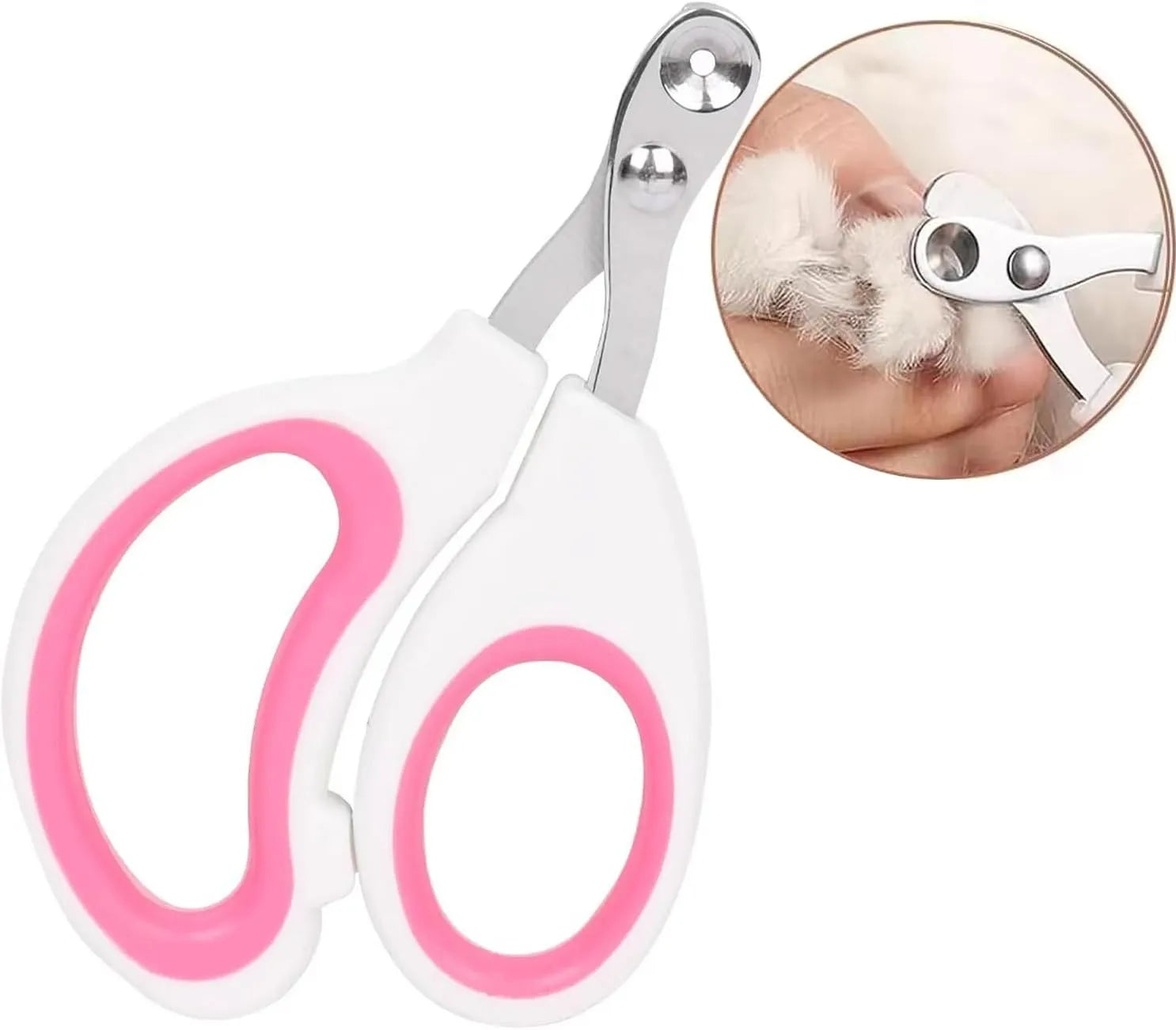 Blue pet nail clippers with a circular safety hole and cushioned non-slip handle.