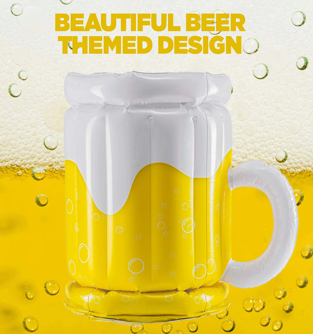 Yellow inflatable beer mug cooler pool float, 44cm x 32cm PVC drink holder for parties