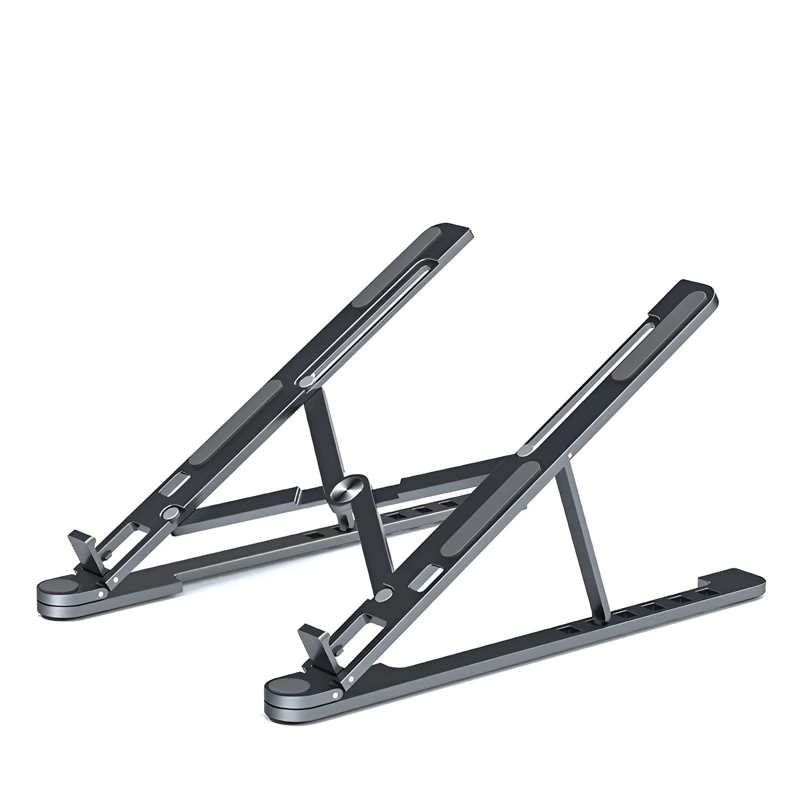 Aluminium laptop stand in silver, folded flat next to an open laptop showing its adjustable height mechanism.