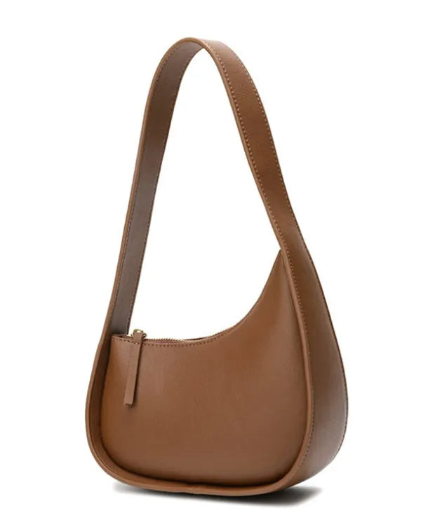 Women's genuine leather half-moon shoulder handbag with wide strap in caramel colour