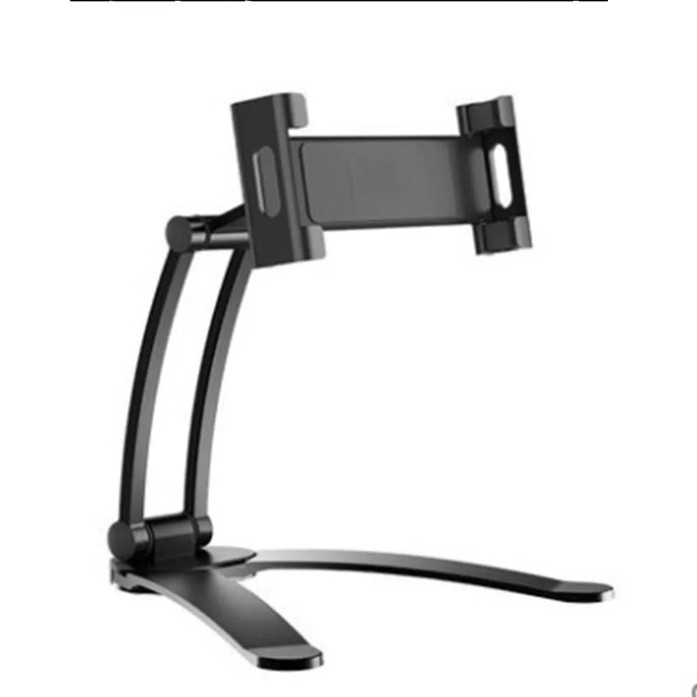 Silver and white aluminum alloy desktop stand holding a tablet at an adjustable angle.