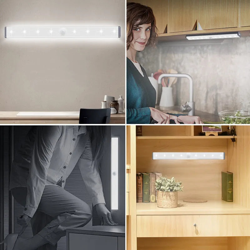 Magnetic LED closet light with motion sensor and aluminium shell shown mounted inside wardrobe