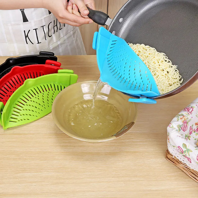 Silicone clip-on kitchen funnel strainer with stainless steel inner frame in blue colour.