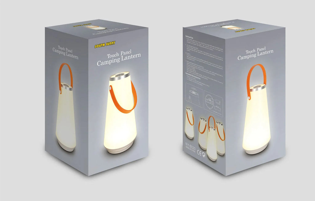White rechargeable LED bedside lantern with warm light, shown next to a USB charging cable.