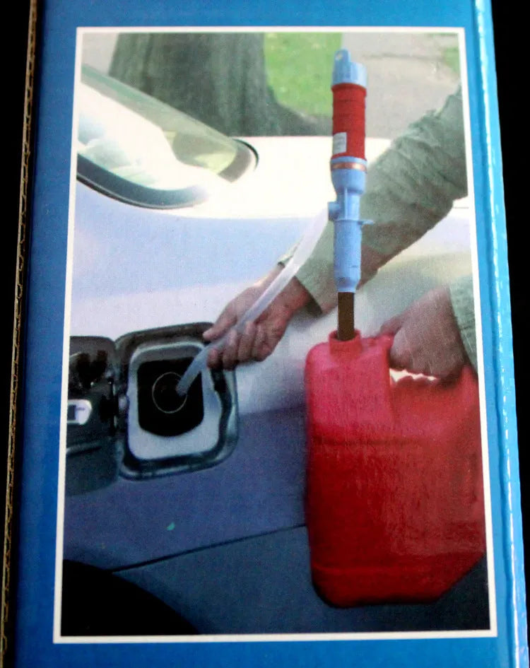 Manual hand siphon pump for fuel and liquid transfer in red or blue colour.