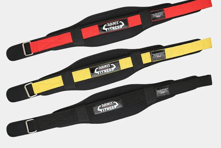 Nylon fitness weightlifting waistband with hook and loop closure in black, red and yellow colour options