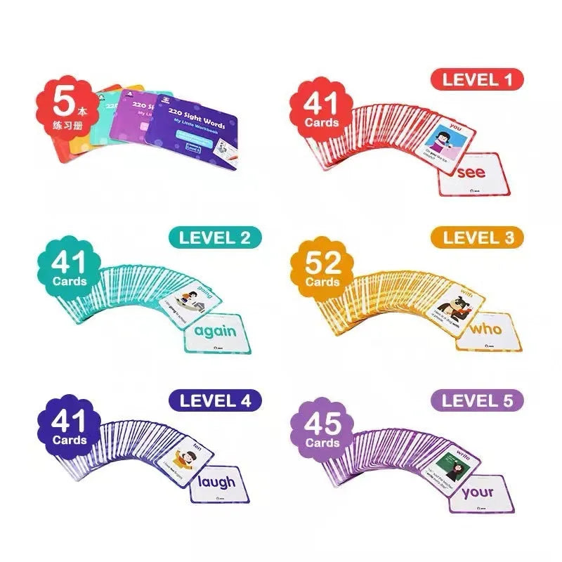 Early childhood education set showing 220 high frequency word cards and 5 interactive workbooks