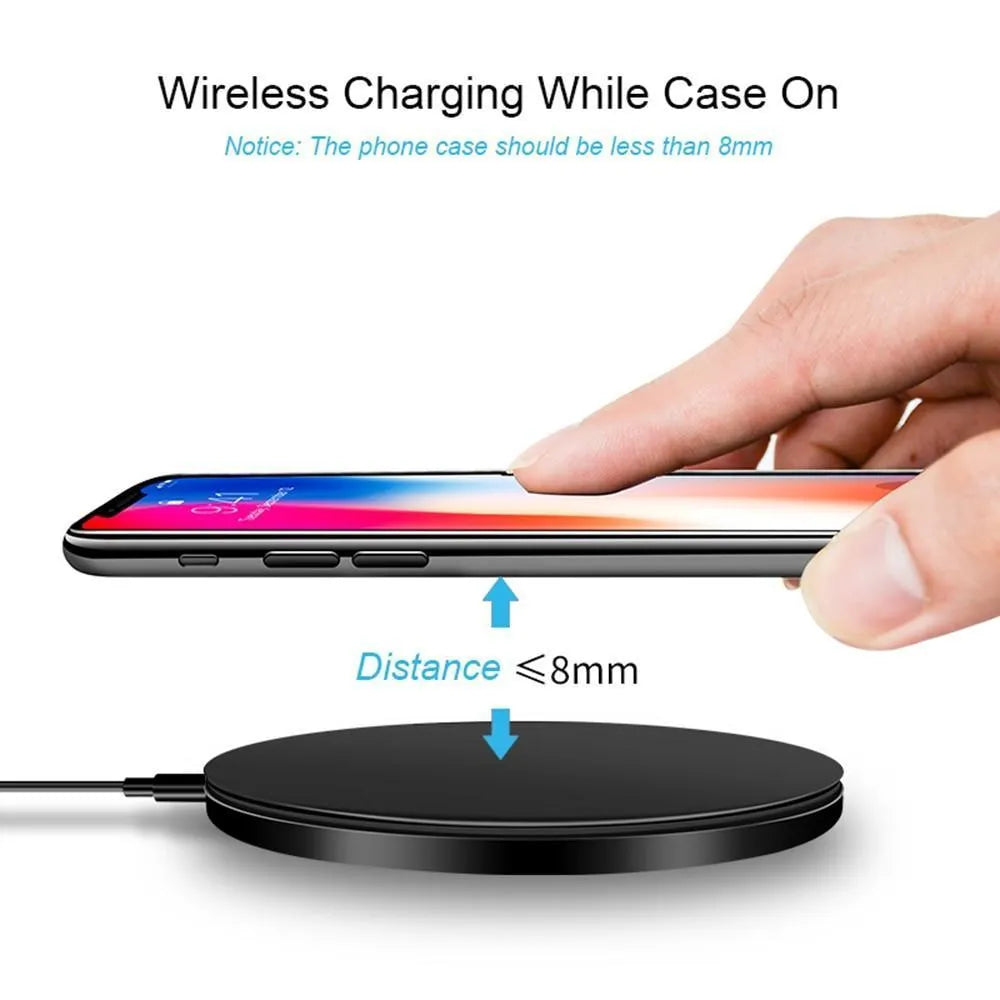 Ultra-thin black wireless charging pad with QI fast charge capability measuring 98x98mm
