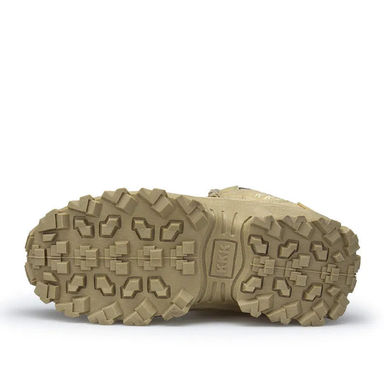 Men's black US Army Delta Tactical Boots with rubber sole shown on a rocky outdoor path.