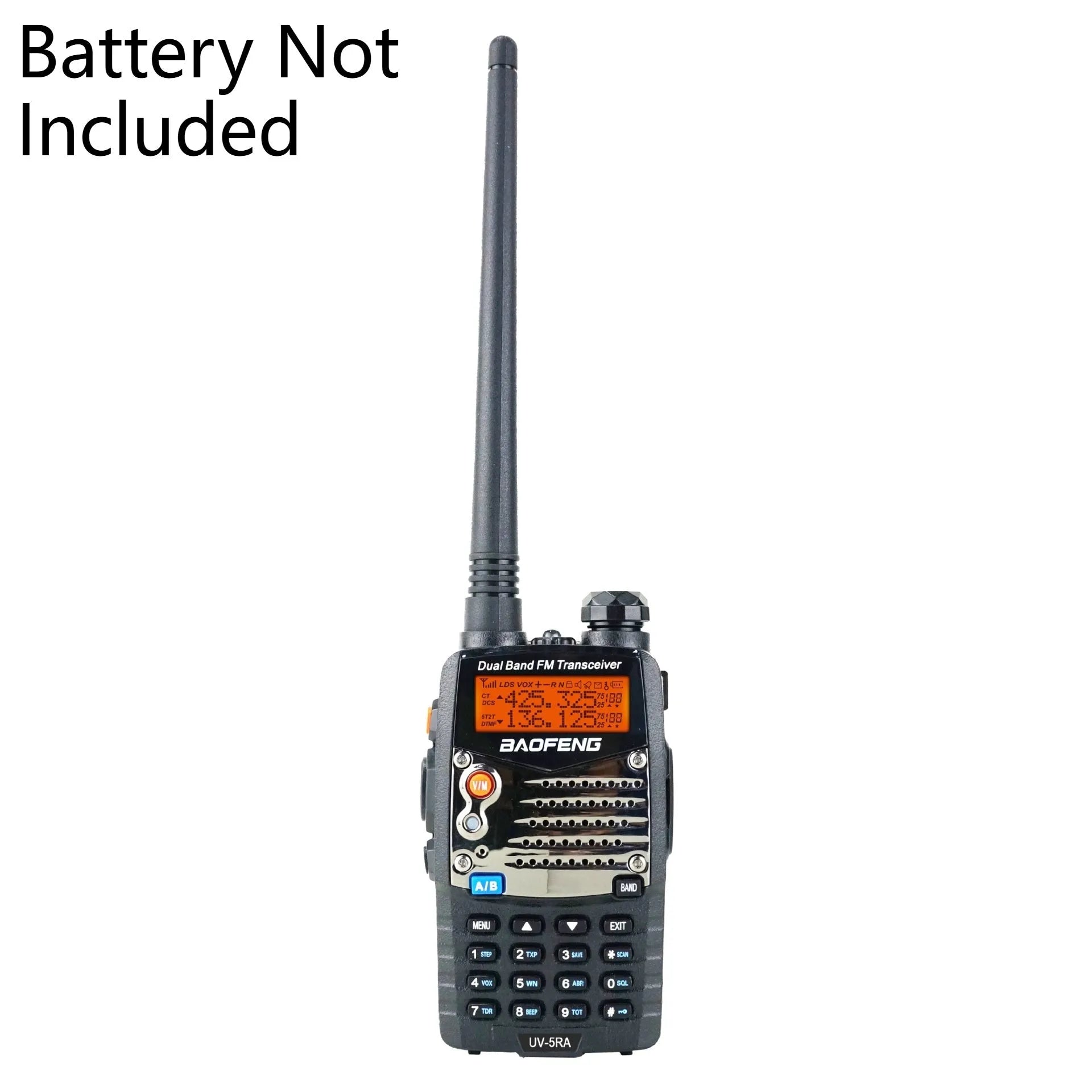 Baofeng UV-5RA handheld dual-band walkie-talkie radio with display screen and antenna.