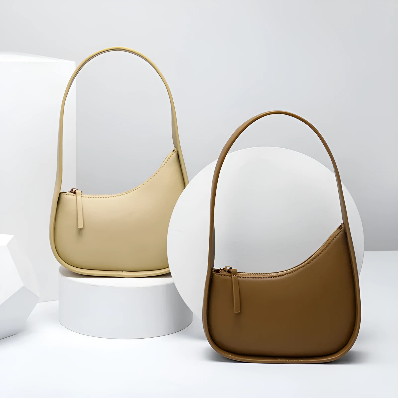 Women's genuine leather half-moon shoulder handbag with wide strap in caramel colour