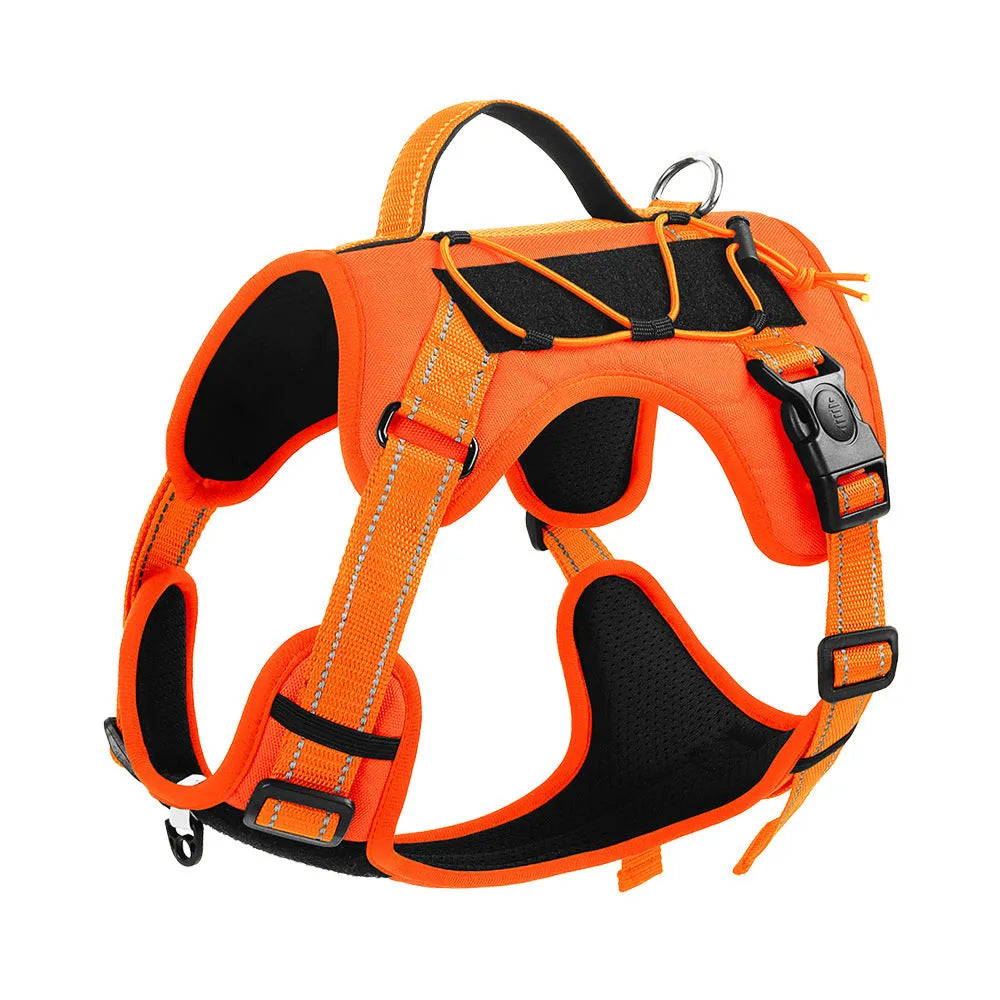 Orange PU dog harness with reflective trim and matching lead with black handle grip.