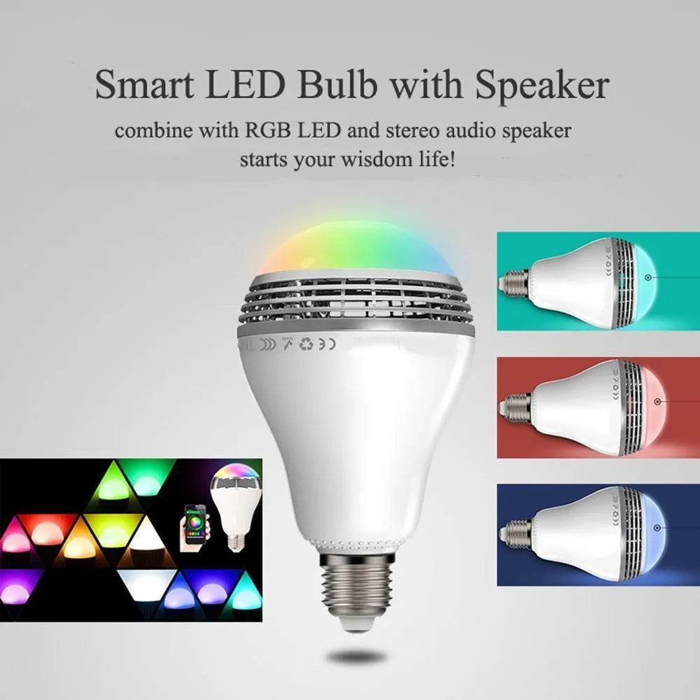 Creative Home LED smart bulb with Bluetooth speaker in E27 fitting showing dimensions and RGB lighting