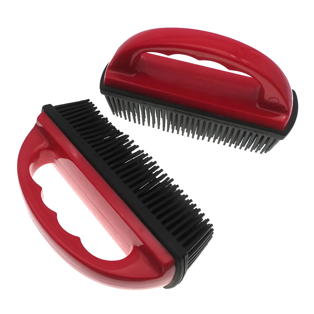 Red pet hair removal brush with ergonomic handle for grooming and massage, 160x85mm dimensions