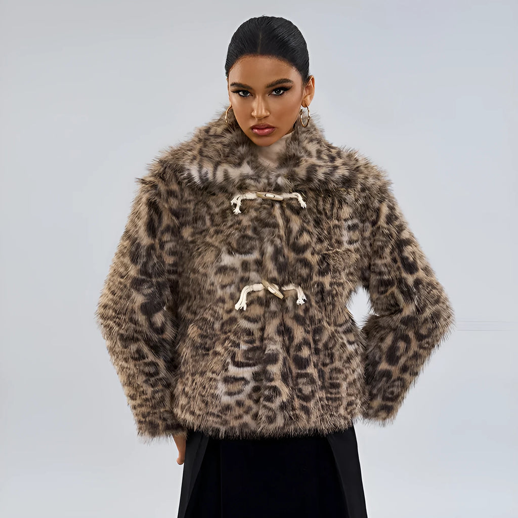Women's leopard print coat with buckle lapel detailing in street fashion style