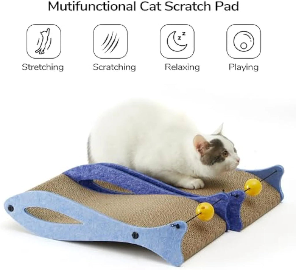 Blue fish-shaped cardboard cat scratcher with a bell toy on a string, shown on a flat surface.