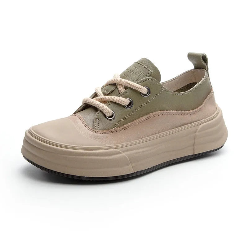Women's leather casual platform sneakers in matcha green, showing lace-up front and round toe design.