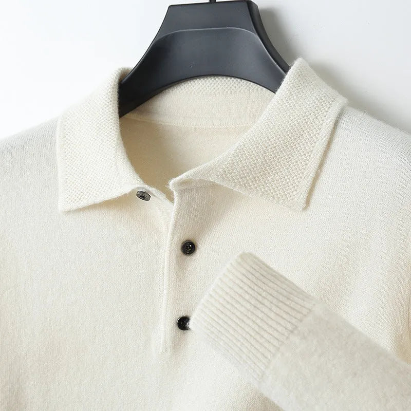Men's wool polo collar sweater pullover in noble blue colour showing long sleeves and collar detail