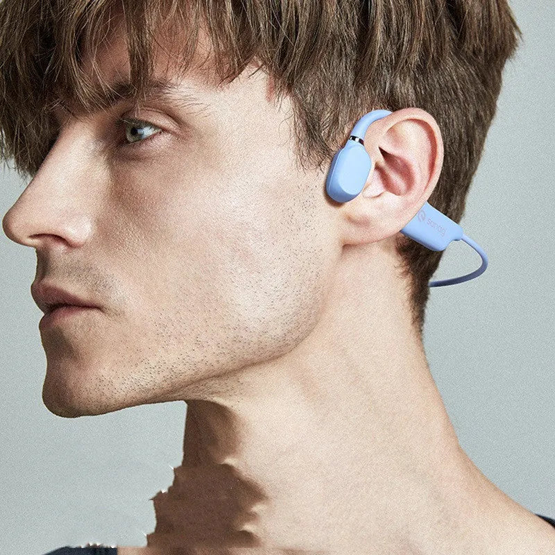 Wireless bone conduction Bluetooth headset in neckband style, shown in various colours including China Red and Mint Green.