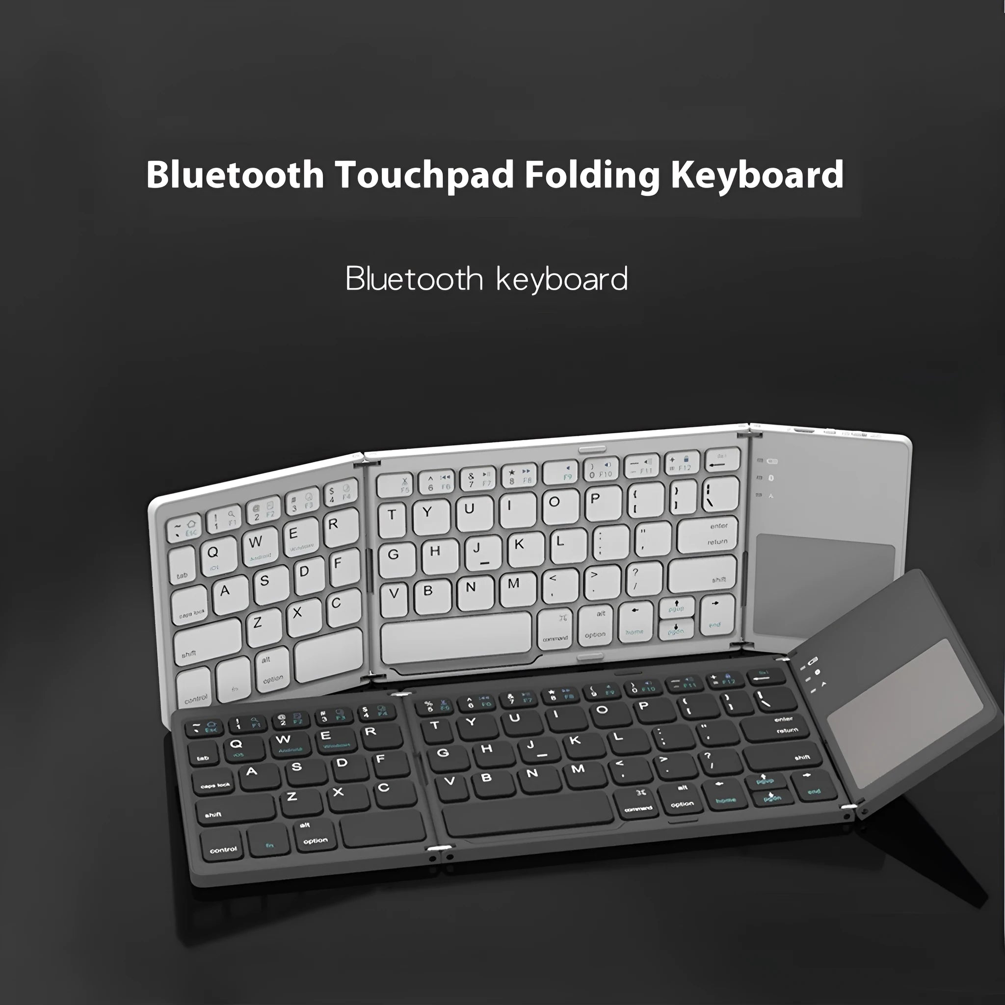 Black tri-fold Bluetooth keyboard shown in folded position demonstrating compact 30.2cm size