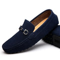 Men's black matte cowhide leather slip-on loafers with a square toe and flat rubber sole.