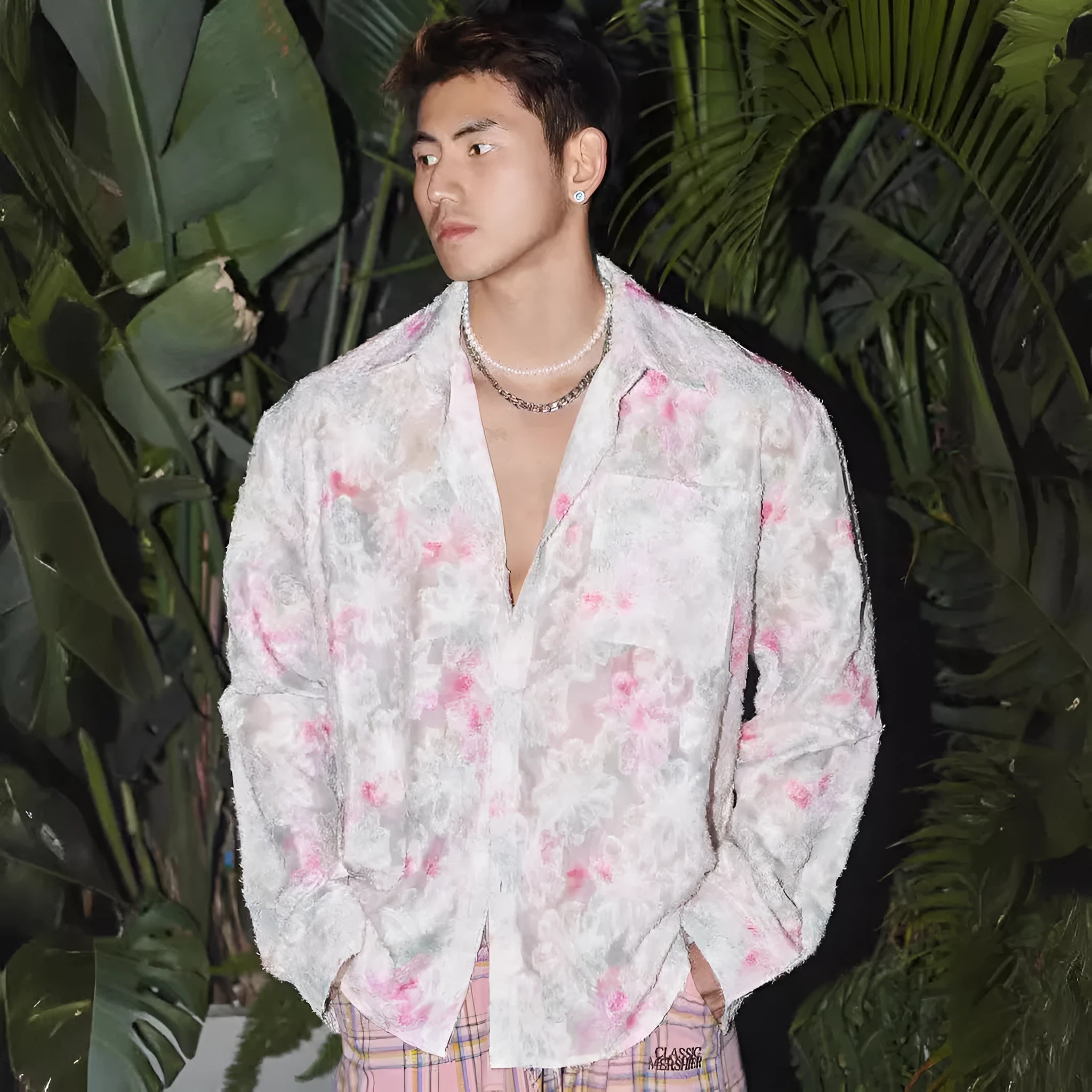 American three-dimensional floral pattern long sleeve shirt in chemical fibre blend polyester with loose fit design