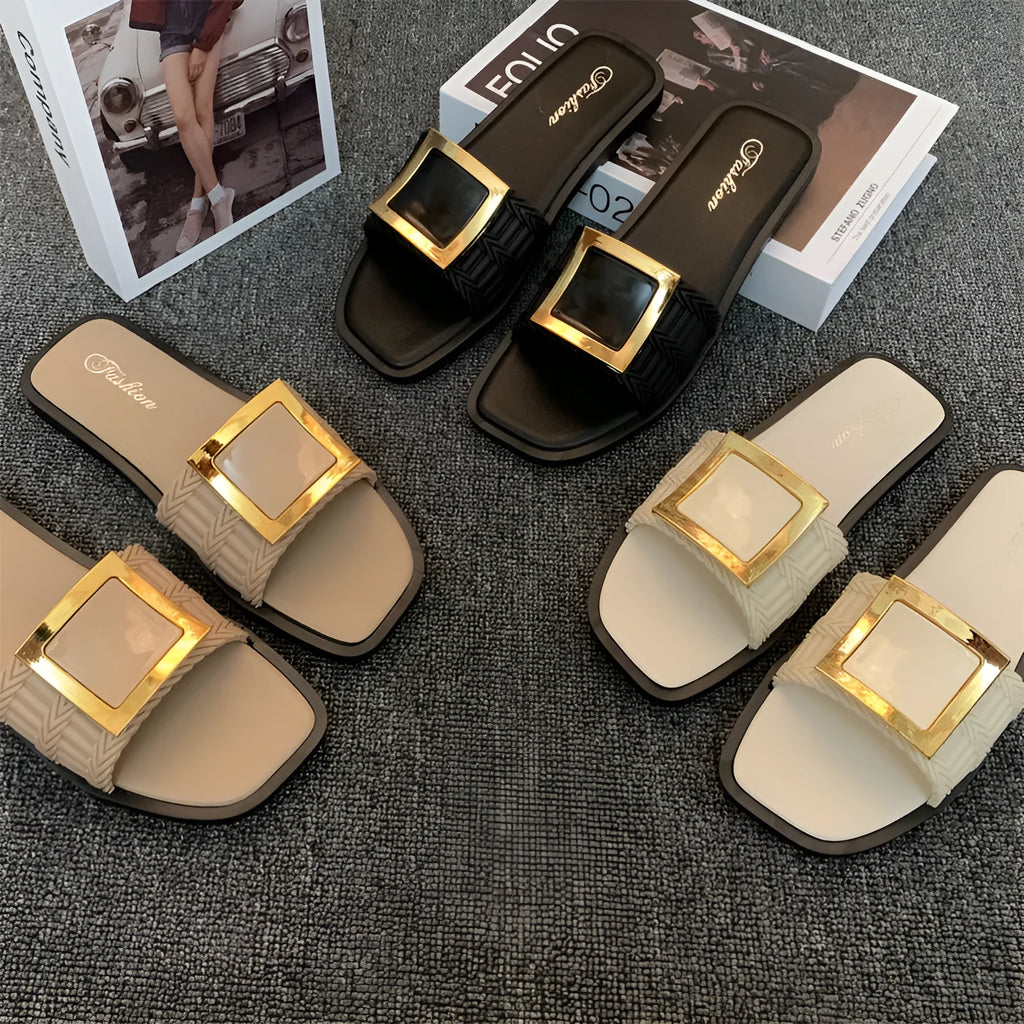 Women's flat summer slippers in apricot colour with PVC sole showing casual design