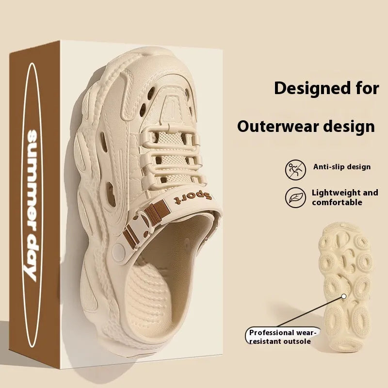 Men's khaki outdoor slippers showing hollow out breathable design on a solid background.