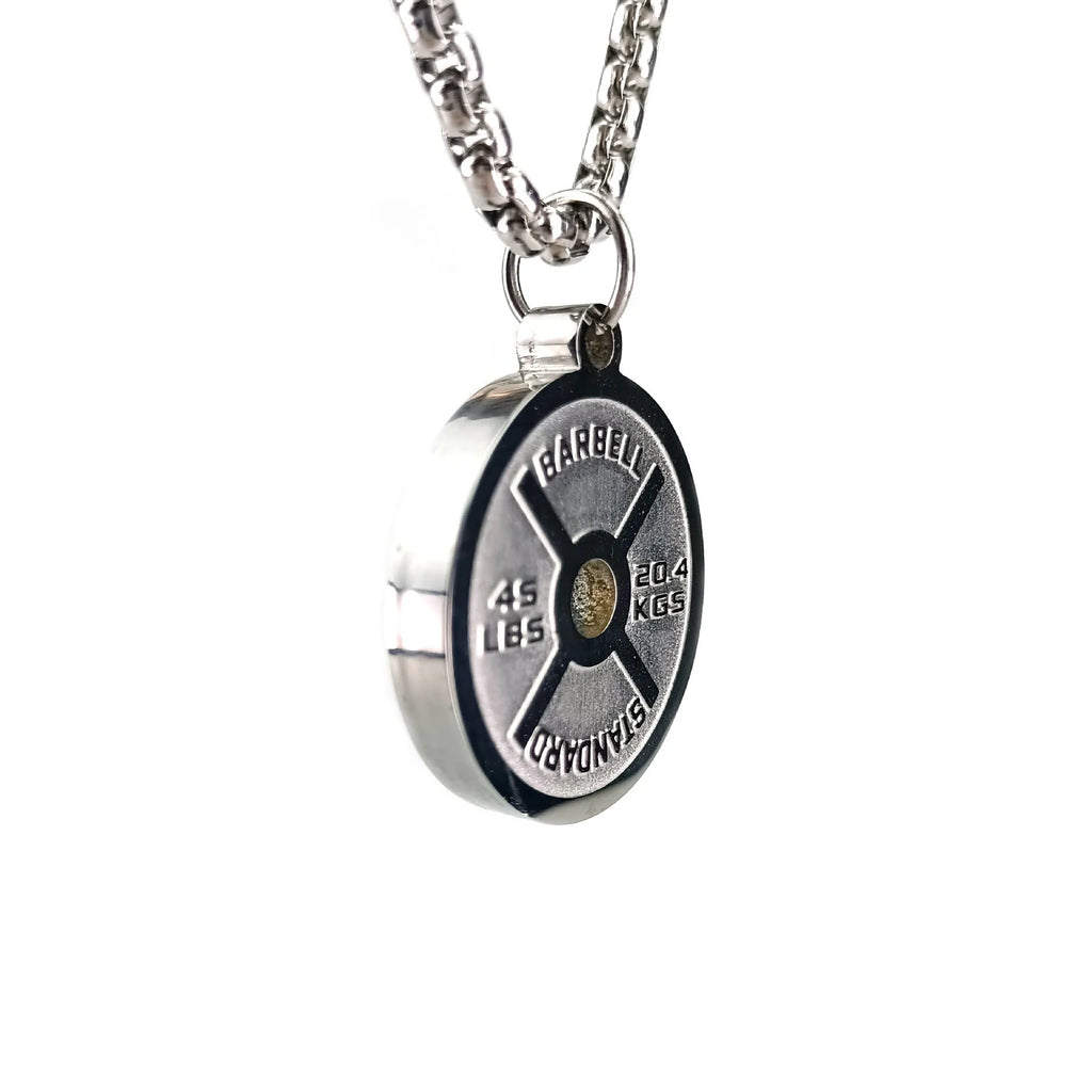 Polished stainless steel geometric barbell disk pendant necklace on a choice of chains.
