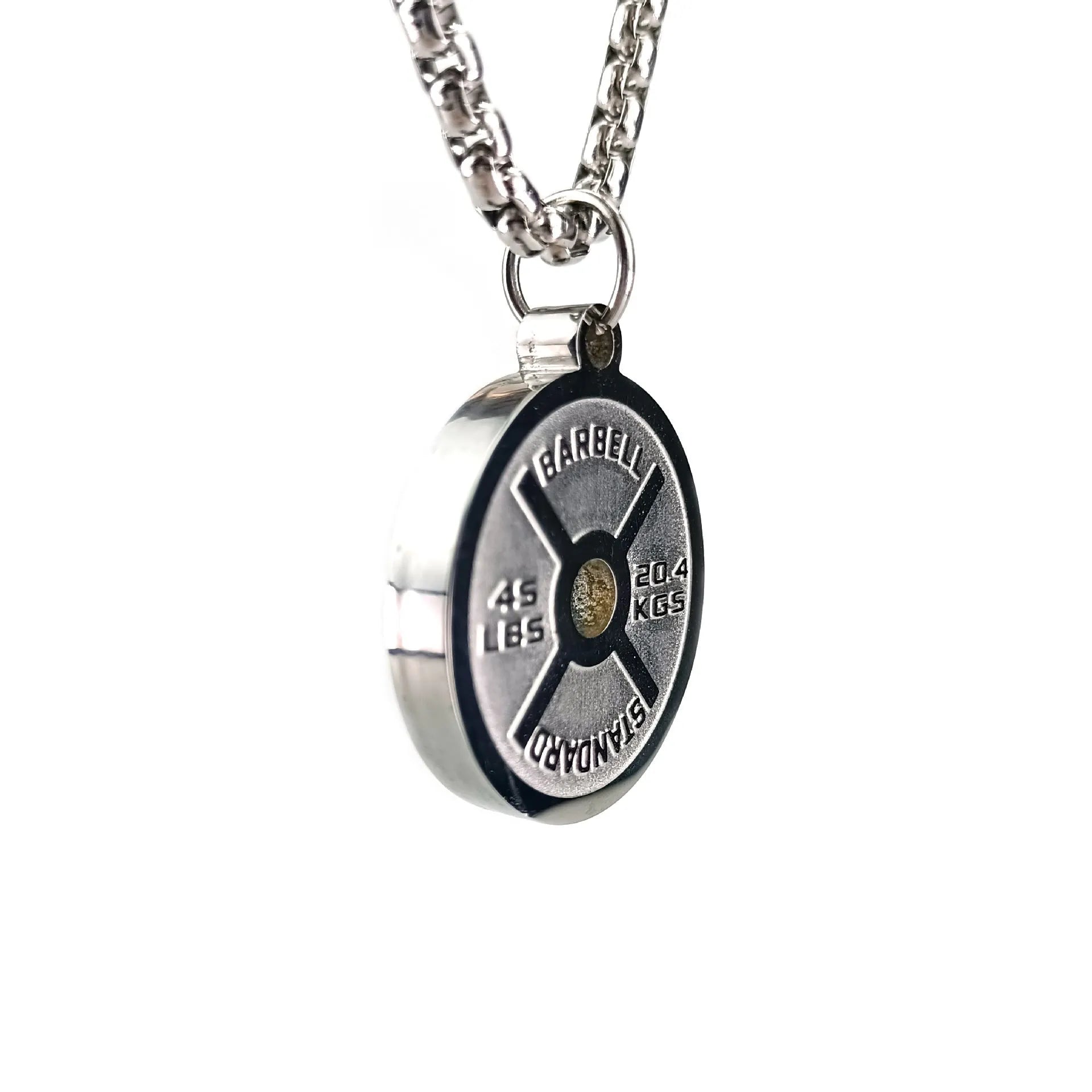 Polished stainless steel geometric barbell disk pendant necklace on a choice of chains.