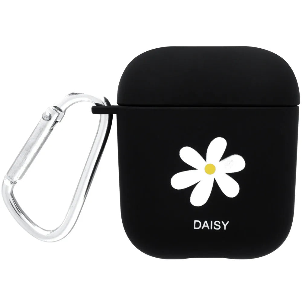 Black and pink AirPods earphone covers with decorative flower and smiley face back designs.
