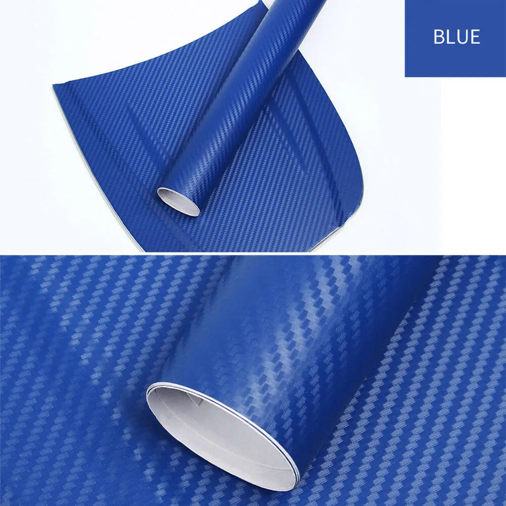 Roll of black 3D carbon fibre texture adhesive sticker for car decoration, showing textured pattern.