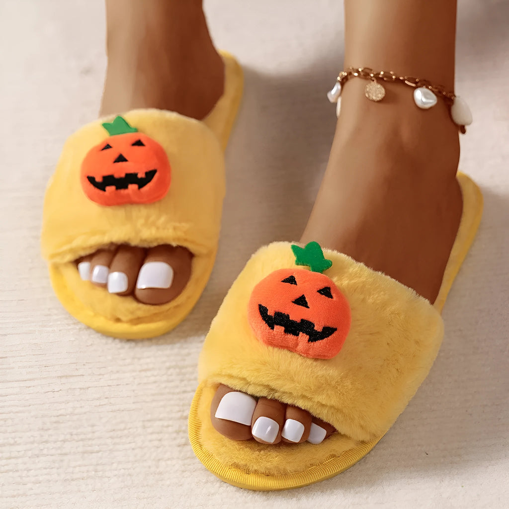 Pumpkin design plush slippers with synthetic fur upper and anti-slip soles in white or yellow