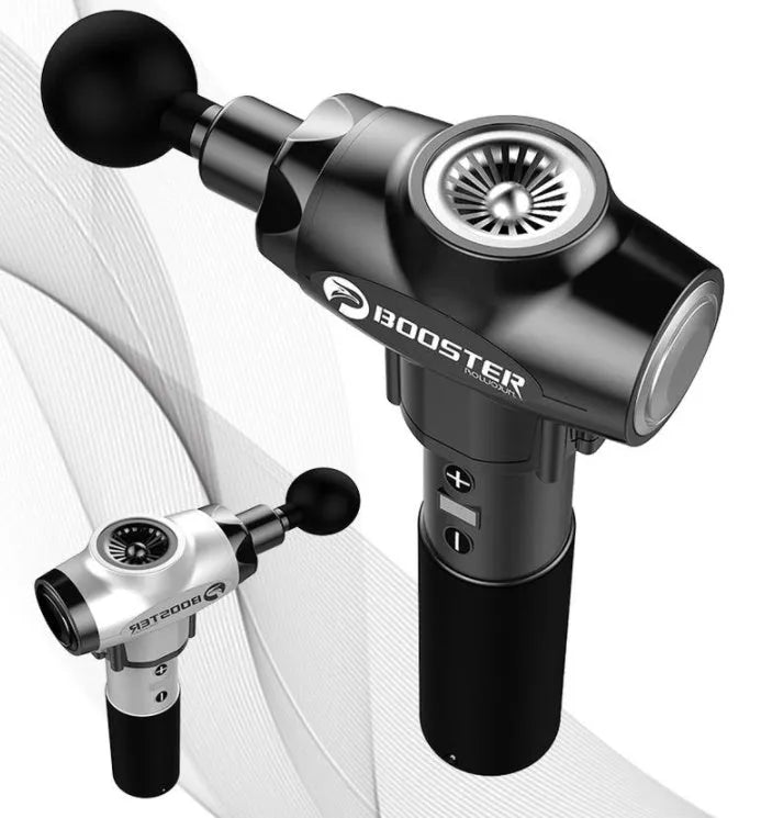 Black and white muscle massage gun with adjustable speed control and lithium battery power