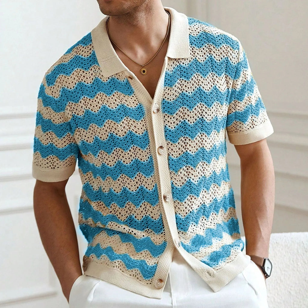 Yellow American-style corrugated short-sleeve sweater with flocking detail on a hanger