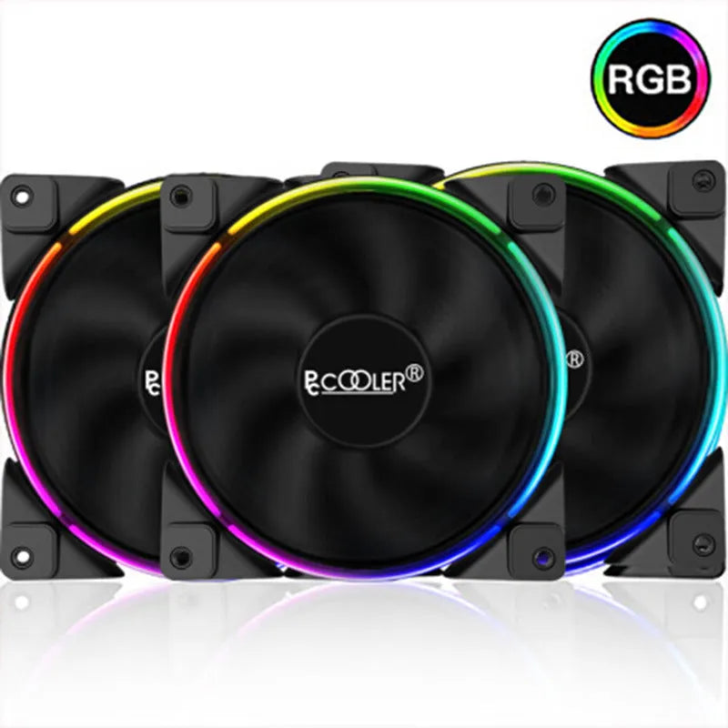 Set of three black 12cm PC case fans with illuminated RGB lighting on the blades.