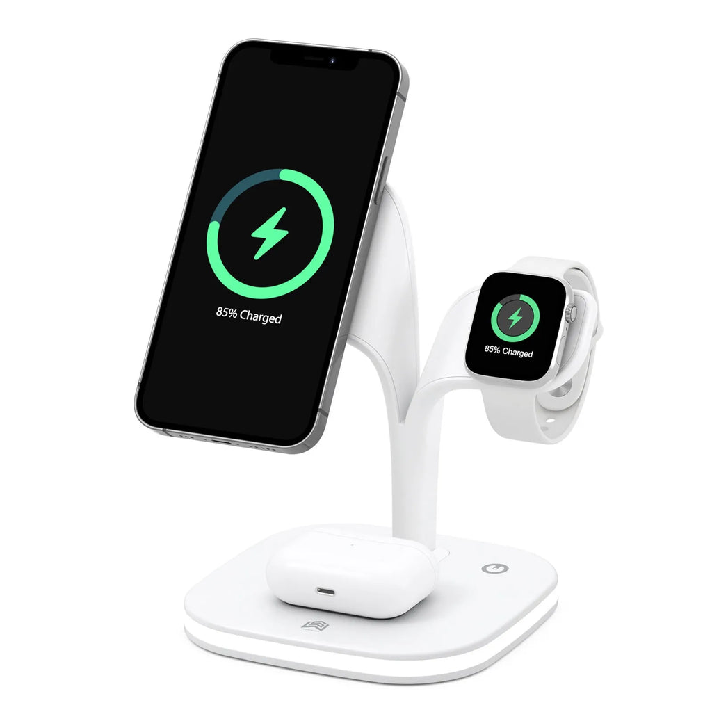 Black and white wireless charging stand for phone, watch, and headphones on a desk.