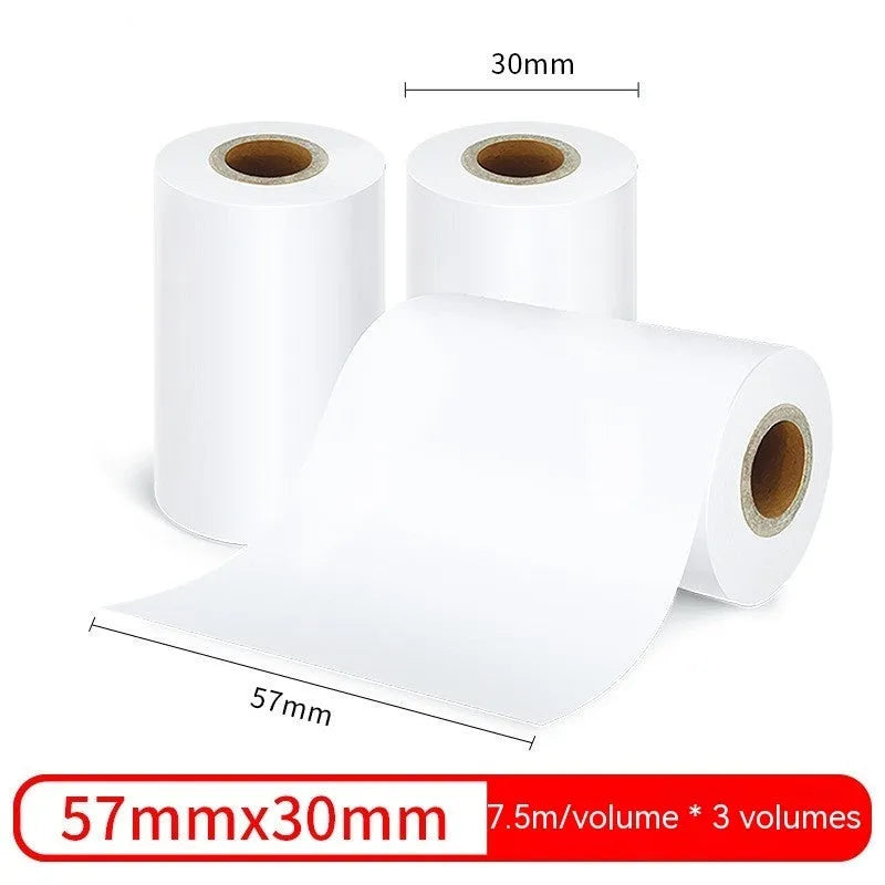 Three rolls of 57mm wide thermal paper on 30mm cores in an open box