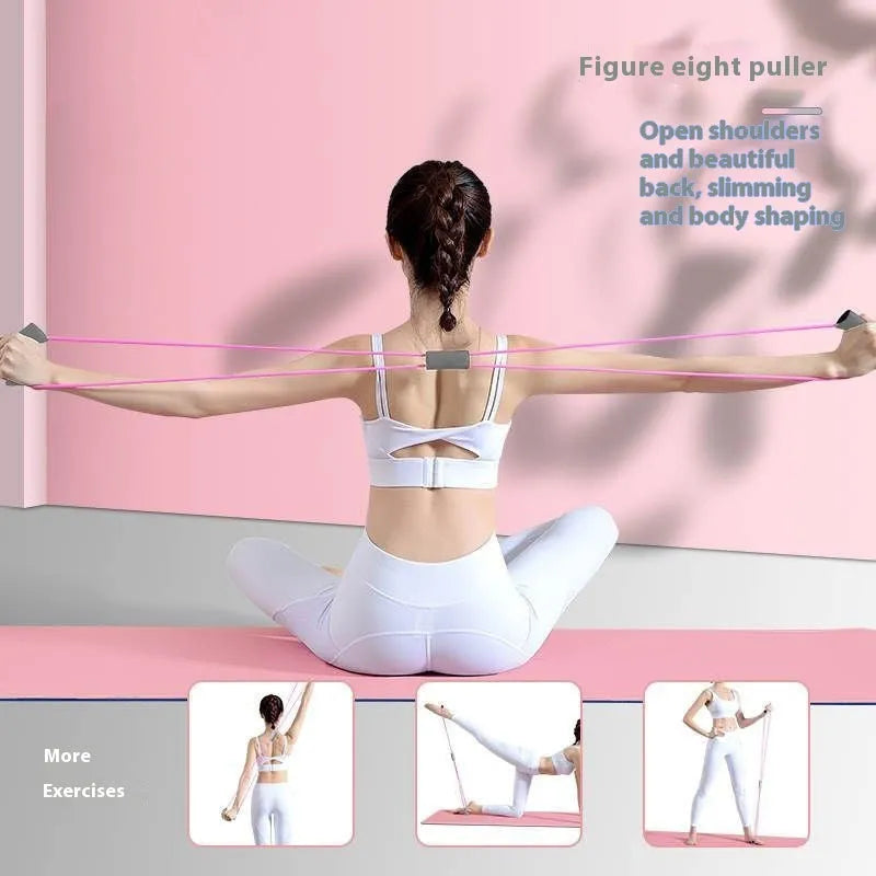 Yoga four-piece fitness set showing leg beauty device, chest expander, yoga ring, and tension rope.