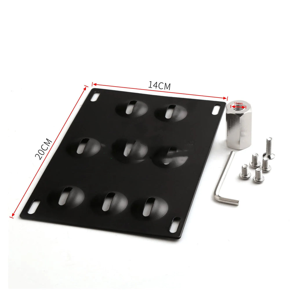 American license plate frame with integrated trailer hook for car modification, shown with screws and nuts.