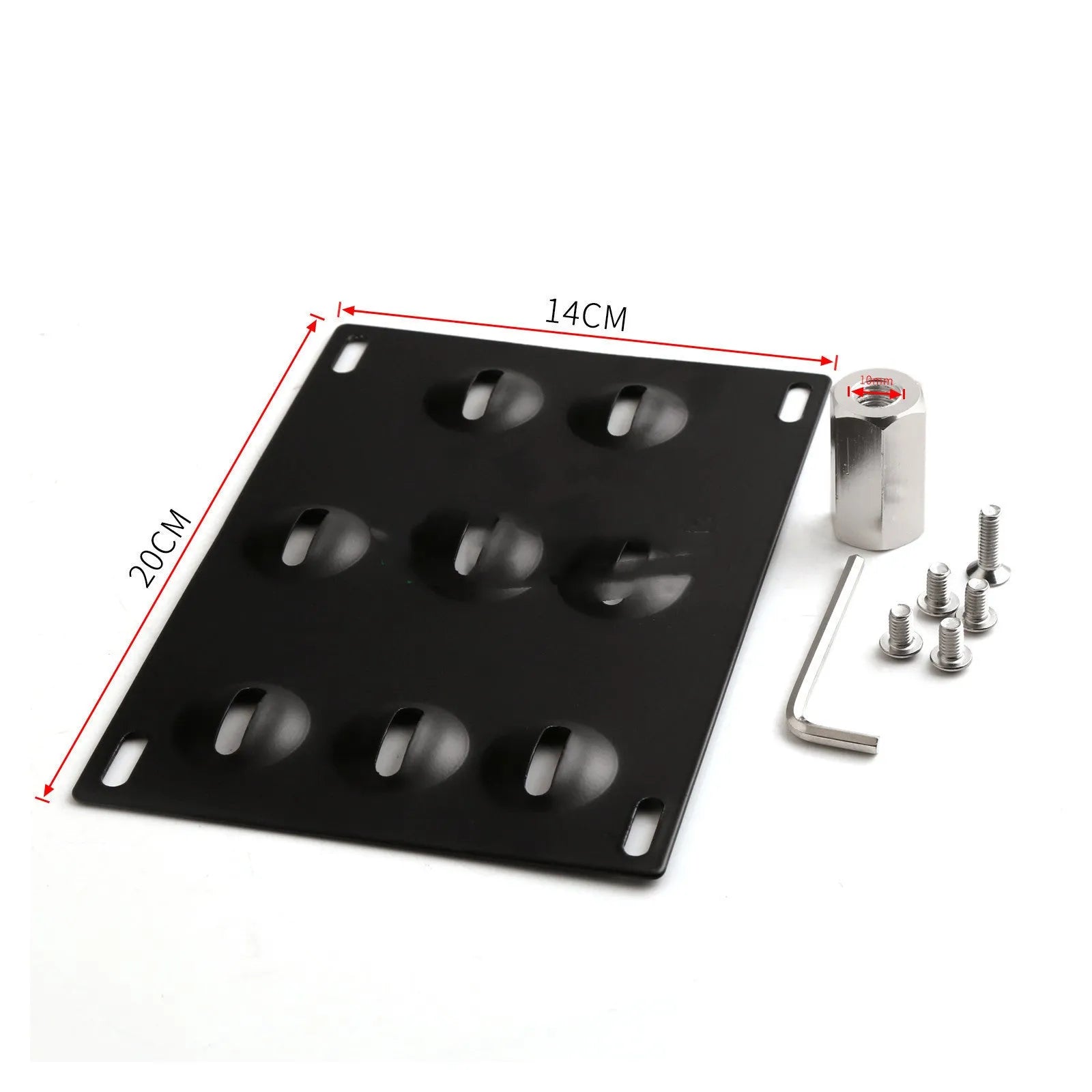 American license plate frame with integrated trailer hook for car modification, shown with screws and nuts.