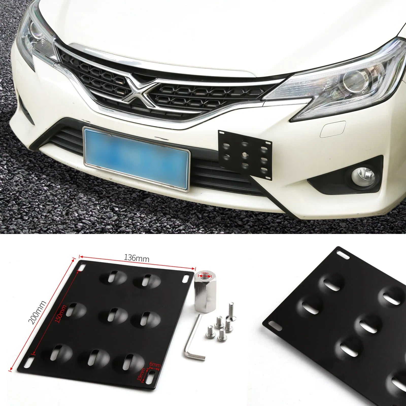 American license plate frame with integrated trailer hook for car modification, shown with screws and nuts.