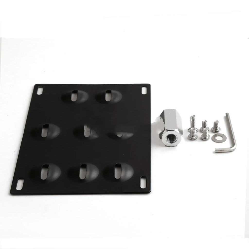 American license plate frame with integrated trailer hook for car modification, shown with screws and nuts.