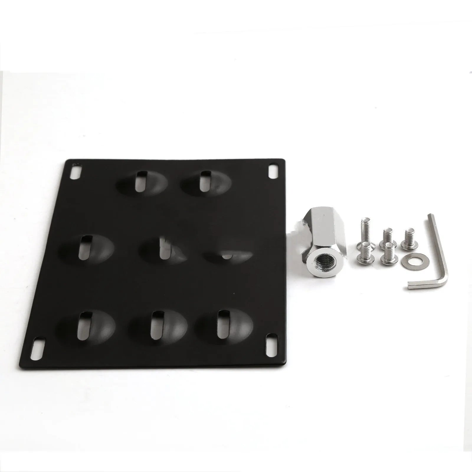 American license plate frame with integrated trailer hook for car modification, shown with screws and nuts.