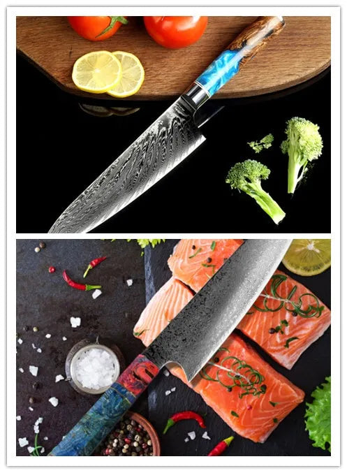 8-piece kitchen knife set with Damascus steel cleaver and Japanese-style knives including chef's knife and bread knife